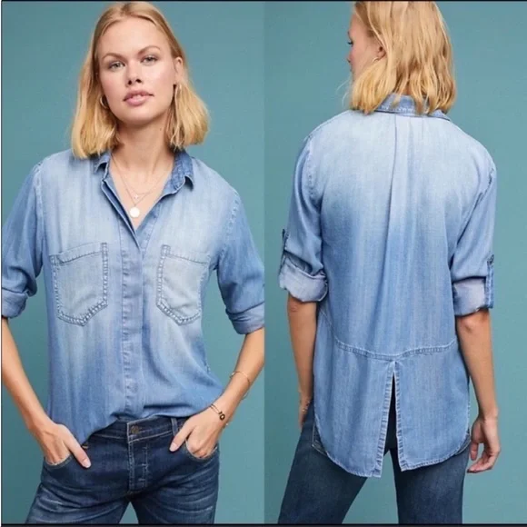 Anthropologie Cloth & Stone Chambray Split Back Shirt Blue Size XS - Picture 1 of 7